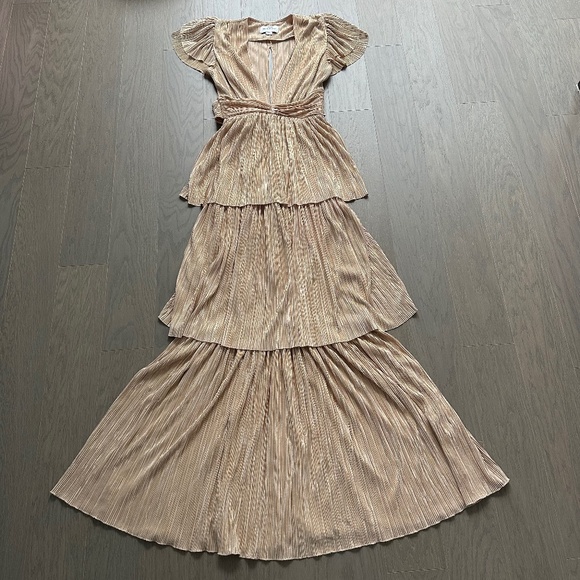 Sabina Musayev MAZE Gold Tiered Maxi Dress Ruffle Sleeve Tie - XS X SMALL - Picture 2 of 13